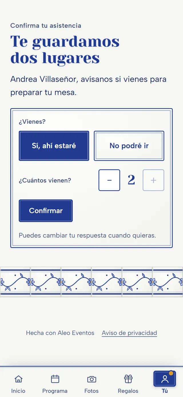 Pantalla para confirmar asistencia: sí o no, y cuántos vienen
